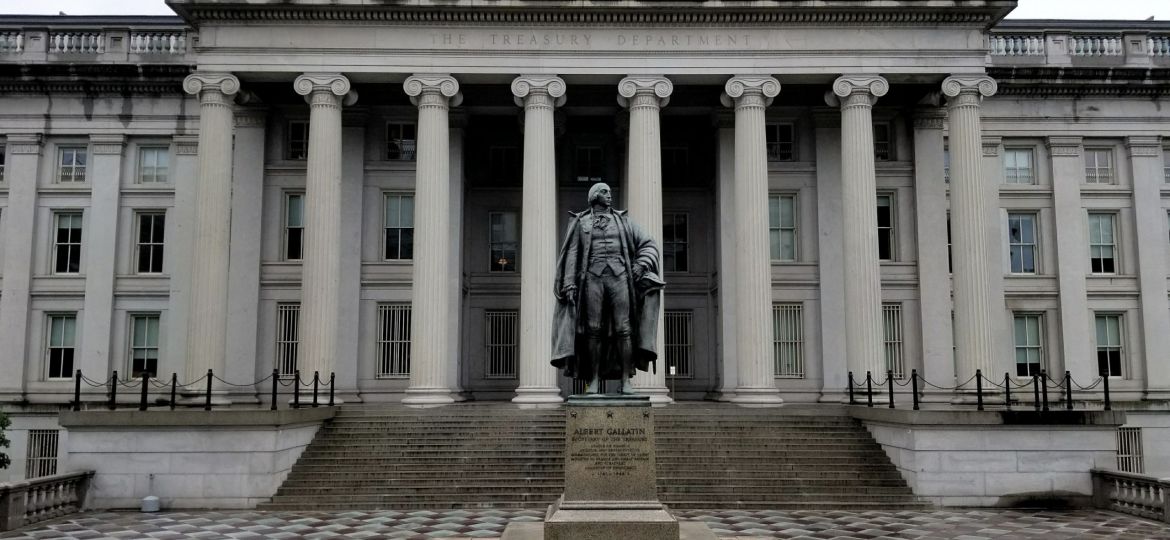 North entrance of the U.S. Treasury Building in Washington D.C.