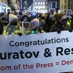 A parade honouring Nobel prize-winning journalists Maria Ressa and Dmitry Muratov in Oslo, Norway, 10 December 2021. Photograph: Sergei Bobylev/Tass