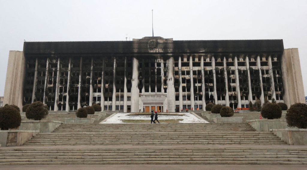 A view shows the city administration headquarters, which was set on fire during recent protests triggered by fuel price increase, in Almaty, Kazakhstan January 11, 2022. REUTERS/Pavel Mikheyev